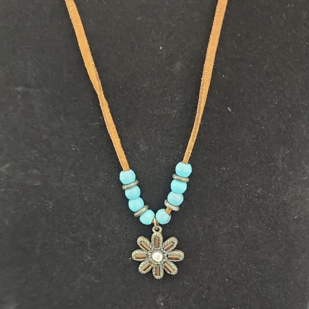 Turquoise and Tan Beaded Flower Pendant Necklace